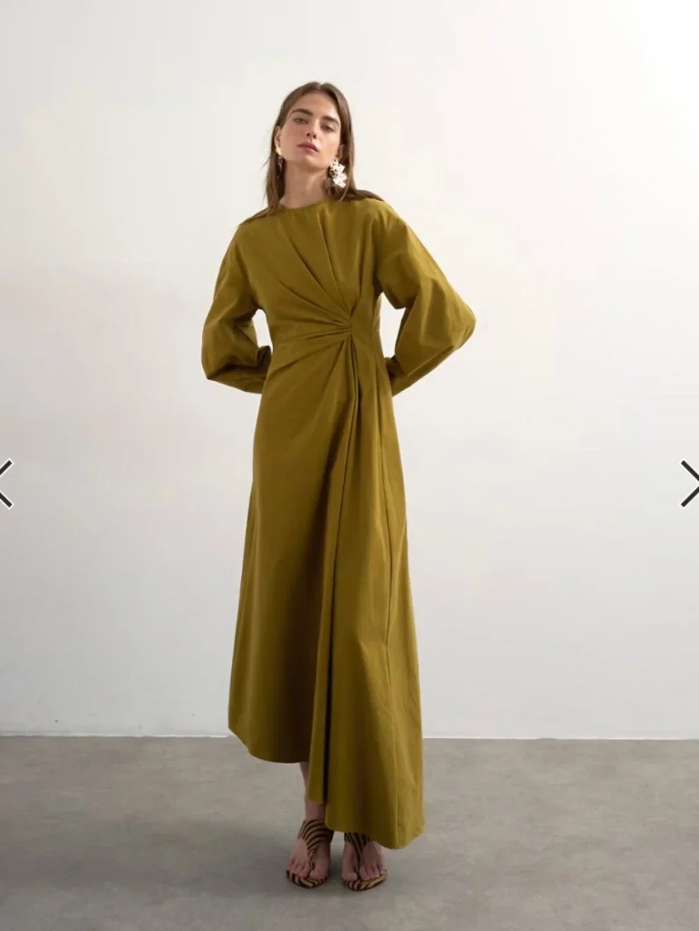 Topshop knot detail midi dress with asymmetric hem in khaki green - Picture 1 of 5